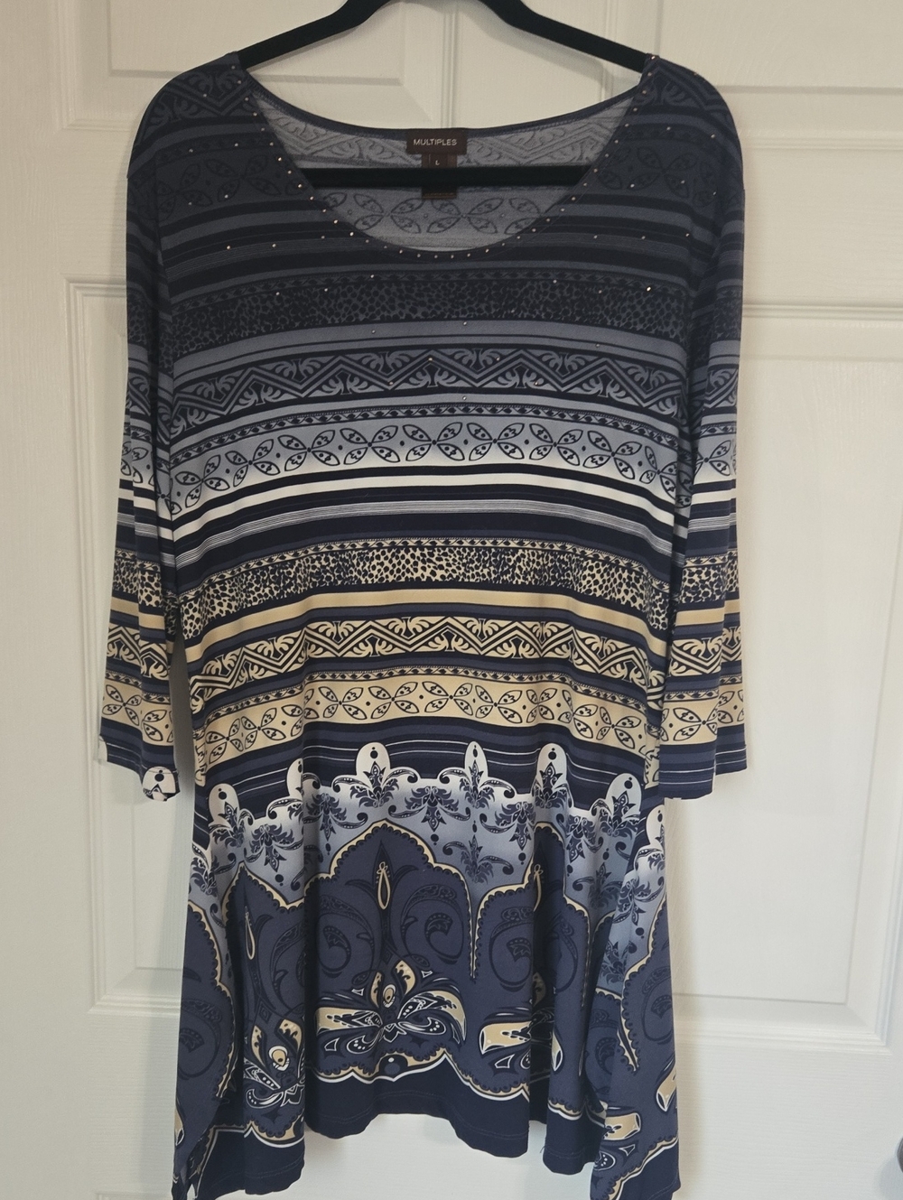 Multiples Navy and Cream Striped Paisley Scoop-Neck Tunic